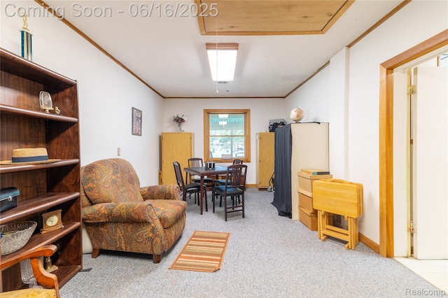 21781 Thorofare Rd, Grosse Ile, MI 48138 - living area with carpet flooring, crown molding, and attic access