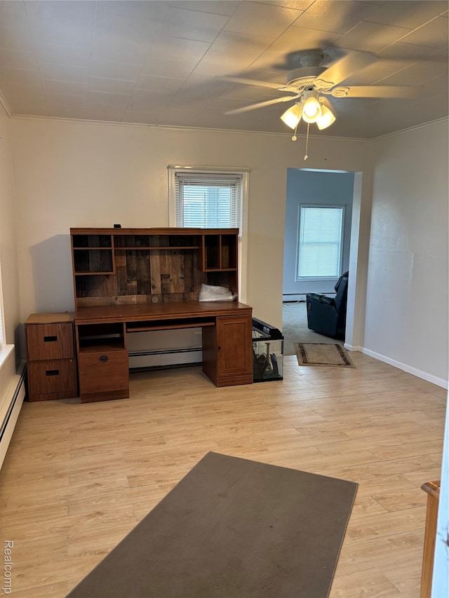 59 W High St, Metamora, MI 48455 - office area featuring a ceiling fan, light wood-style flooring, a baseboard heating unit, and crown molding