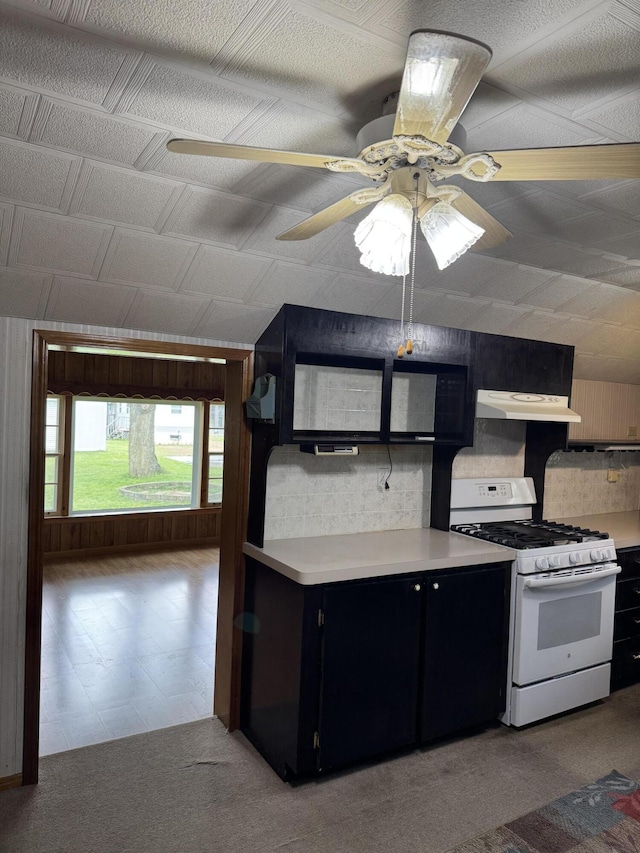 1026 Yeomans St, Ionia, MI 48846 - kitchen featuring white gas stove, dark cabinets, under cabinet range hood, ceiling fan, and light countertops