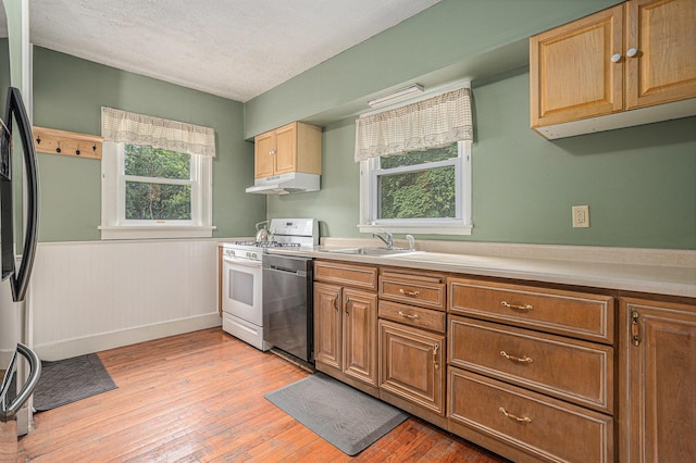 5147 N Riverview Dr, Kalamazoo, MI 49004 - kitchen with dishwashing machine, range, under cabinet range hood, freestanding refrigerator, and light countertops