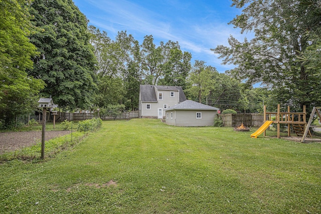 5147 N Riverview Dr, Kalamazoo, MI 49004 - fenced backyard with a playground and view of scattered trees
