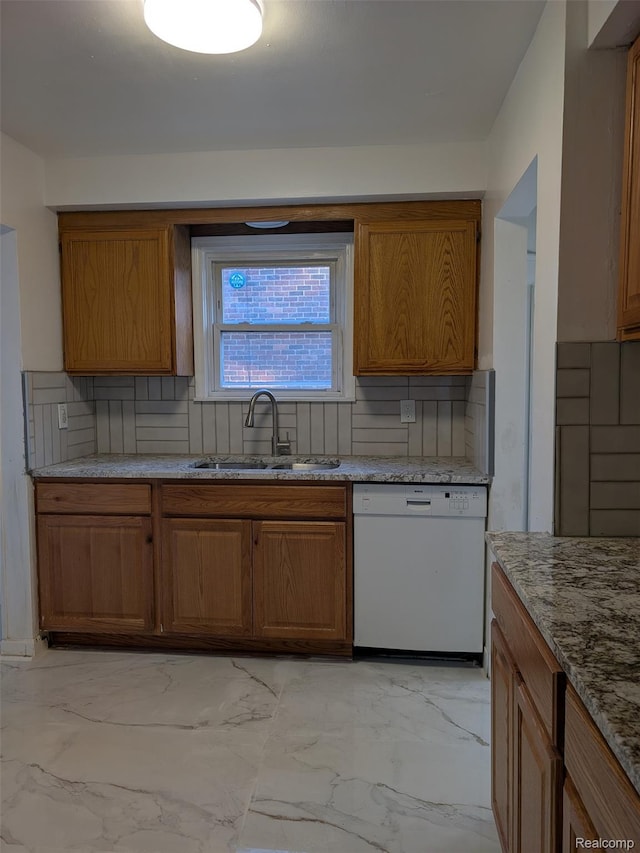 19947 Kinloch, Redford, MI 48240 - kitchen with white dishwasher, light marble finish floors, and brown cabinetry