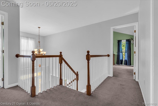 100 Mornington Ct, Canton, MI 48188 - hallway featuring an upstairs landing, a chandelier, carpet floors, and healthy amount of natural light