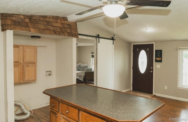 11709 Old Belding Rd NE, Belding, MI 48809 - foyer entrance featuring a barn door, dark wood-style floors, and ceiling fan