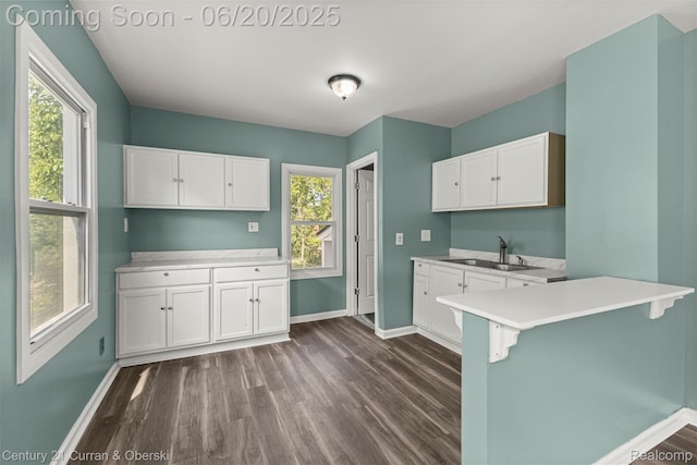 9045 Burnette St, Detroit, MI 48204 - kitchen featuring dark wood-type flooring, white cabinetry, light countertops, and a breakfast bar area