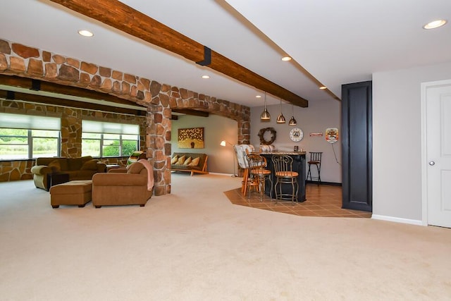 8734 Oakland Hills Cir Unit 6, Portage, MI 49024 - living room with carpet floors, a dry bar, beam ceiling, and recessed lighting