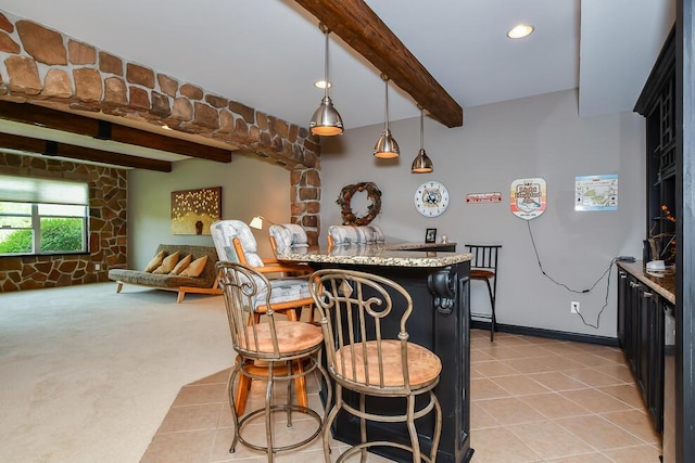 8734 Oakland Hills Cir Unit 6, Portage, MI 49024 - indoor bar featuring beamed ceiling, light tile patterned floors, decorative light fixtures, and recessed lighting