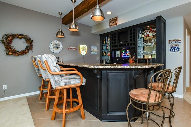 8734 Oakland Hills Cir Unit 6, Portage, MI 49024 - indoor wet bar featuring light tile patterned floors, beamed ceiling, and hanging light fixtures