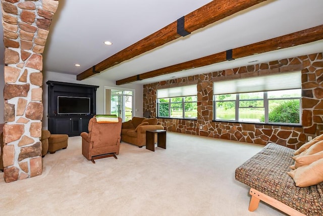 8734 Oakland Hills Cir Unit 6, Portage, MI 49024 - carpeted living room with beamed ceiling and recessed lighting