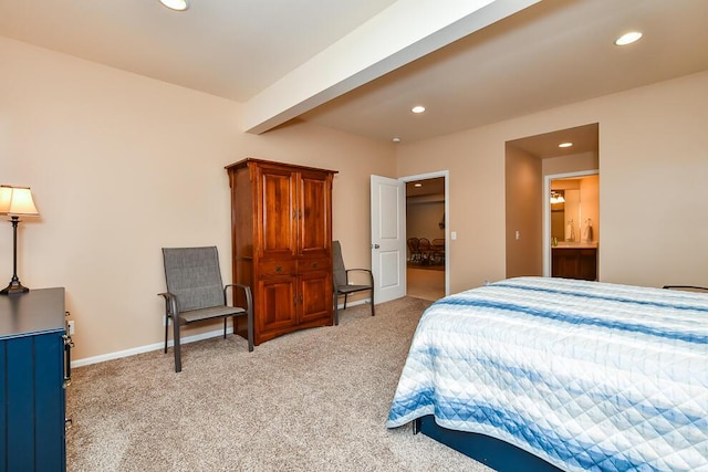 8734 Oakland Hills Cir Unit 6, Portage, MI 49024 - bedroom with recessed lighting, light colored carpet, beamed ceiling, and connected bathroom