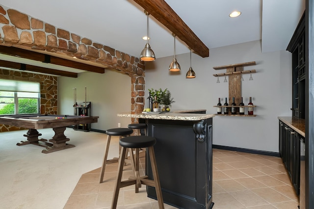 8734 Oakland Hills Cir, Portage, MI 49024 - kitchen with billiards table, beamed ceiling, light tile patterned floors, pendant lighting, and recessed lighting