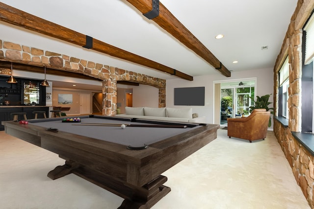 8734 Oakland Hills Cir, Portage, MI 49024 - playroom featuring bar, beamed ceiling, billiards, carpet flooring, and recessed lighting