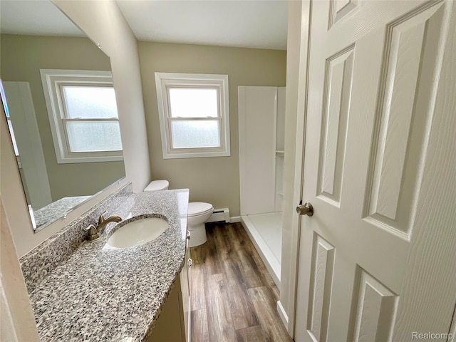 3615 N Mill Rd, Dryden, MI 48428 - bathroom featuring baseboard heating, vanity, wood finished floors, and a shower