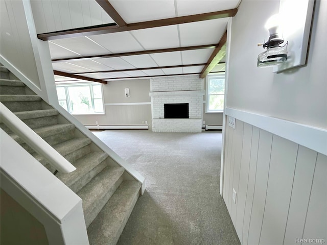 3615 N Mill Rd, Dryden, MI 48428 - stairs with a baseboard radiator, wainscoting, carpet, and healthy amount of natural light
