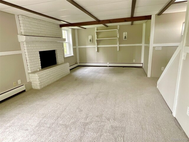 3615 N Mill Rd, Dryden, MI 48428 - unfurnished living room featuring beamed ceiling, carpet, a fireplace, and a baseboard heating unit