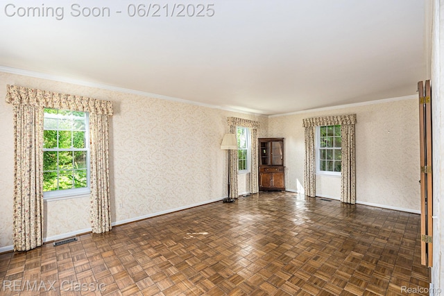 1925 Dawn Ridge Rd, Commerce Twp, MI 48390 - unfurnished living room with healthy amount of natural light, crown molding, and wallpapered walls