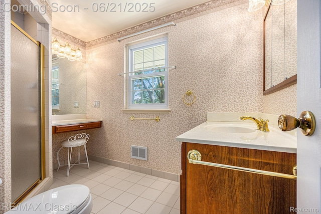 1925 Dawn Ridge Rd, Commerce Twp, MI 48390 - full bath with a stall shower, tile patterned floors, vanity, and wallpapered walls