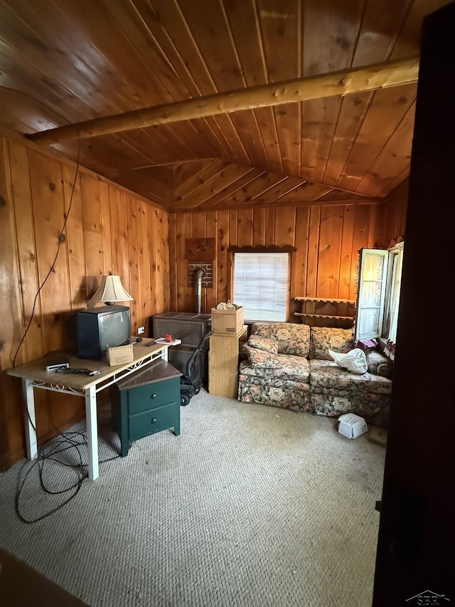 578 W Houghton Lake Dr, Prudenville, MI 48651 - misc room with wooden ceiling, wooden walls, and carpet