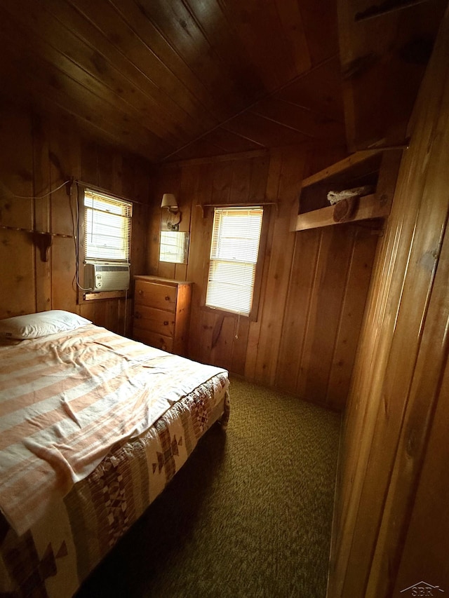 578 W Houghton Lake Dr, Prudenville, MI 48651 - carpeted bedroom with wooden ceiling, cooling unit, and wood walls