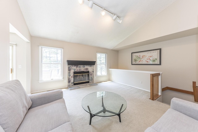 492 Colin Cir, Ann Arbor, MI 48103 - carpeted living area with vaulted ceiling, rail lighting, and a fireplace