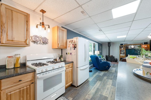 283 W 16th St, Baldwin, MI 49304 - kitchen featuring white appliances, a wood stove, a paneled ceiling, dark countertops, and dark wood-style floors