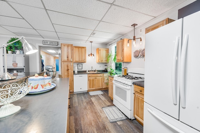 283 W 16th St, Baldwin, MI 49304 - kitchen with white appliances, dark countertops, a paneled ceiling, dark wood-style flooring, and decorative light fixtures