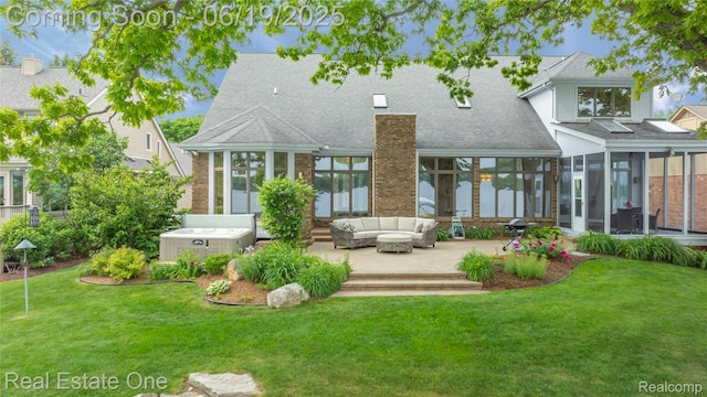 2505 Cedar Key Dr, Lake Orion, MI 48360 - back of house featuring a sunroom, an outdoor hangout area, a yard, and brick siding