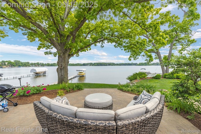 2505 Cedar Key Dr, Lake Orion, MI 48360 - view of patio featuring a water view, a dock, and area for grilling