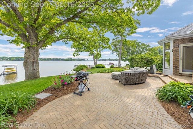 2505 Cedar Key Dr, Lake Orion, MI 48360 - view of patio / terrace with a water view, an outdoor living space, and a grill