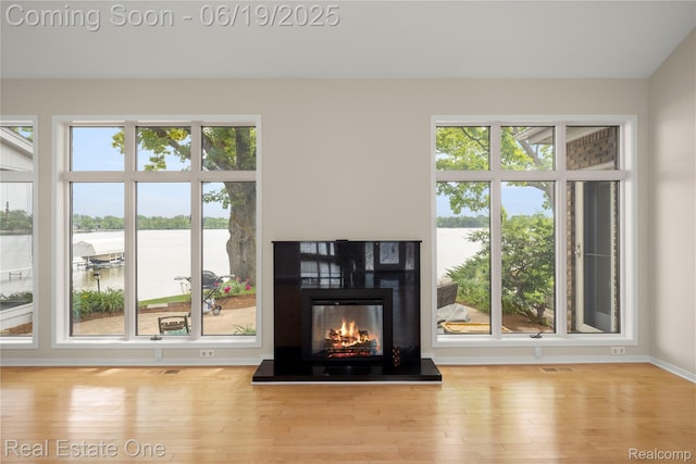 2505 Cedar Key Dr, Lake Orion, MI 48360 - unfurnished living room with wood finished floors, a water view, and a glass covered fireplace