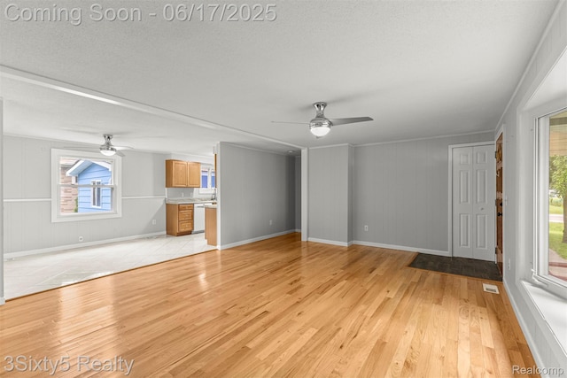 36513 Evans St, New Boston, MI 48164 - unfurnished living room featuring ceiling fan, light wood-style floors, plenty of natural light, and a textured ceiling