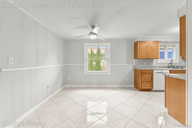 36513 Evans St, New Boston, MI 48164 - kitchen featuring white dishwasher, light countertops, a textured ceiling, light tile patterned floors, and ceiling fan