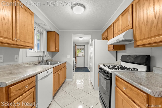 36513 Evans St, New Boston, MI 48164 - kitchen with white dishwasher, gas range oven, under cabinet range hood, a textured ceiling, and light tile patterned floors