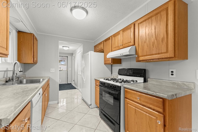36513 Evans St, New Boston, MI 48164 - kitchen with range with gas stovetop, under cabinet range hood, white dishwasher, a textured ceiling, and light tile patterned floors