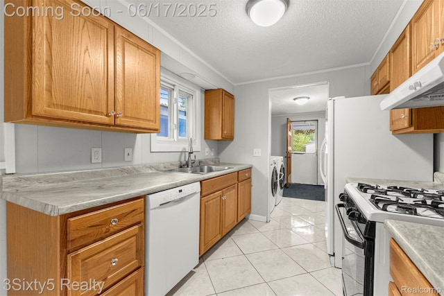 36513 Evans St, New Boston, MI 48164 - kitchen with white dishwasher, washer and clothes dryer, black gas range, under cabinet range hood, and a textured ceiling