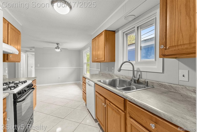 36513 Evans St, New Boston, MI 48164 - kitchen featuring gas stove, white dishwasher, range hood, a textured ceiling, and ceiling fan