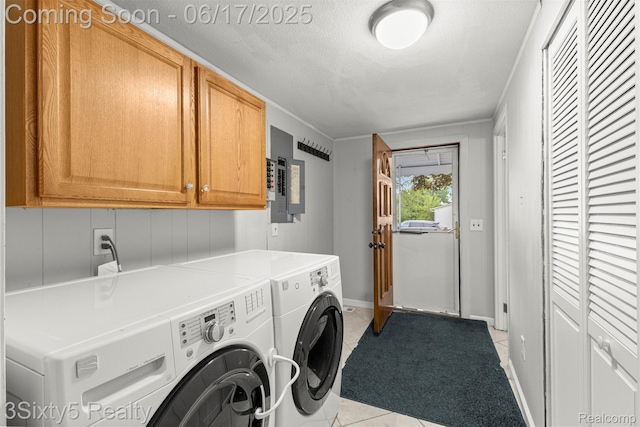 36513 Evans St, New Boston, MI 48164 - laundry room with cabinet space, washer and clothes dryer, light tile patterned floors, electric panel, and a textured ceiling