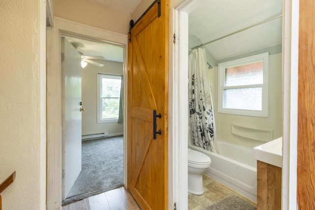 318 Cecil St, Buchanan, MI 49107 - bathroom with baseboard heating and shower / tub combo with curtain
