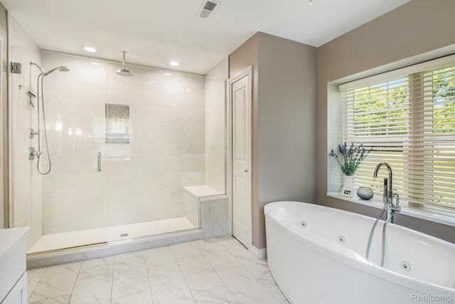 22085 Thorofare Rd, Grosse Ile, MI 48138 - bathroom with a shower stall, marble finish floors, a jetted tub, and recessed lighting