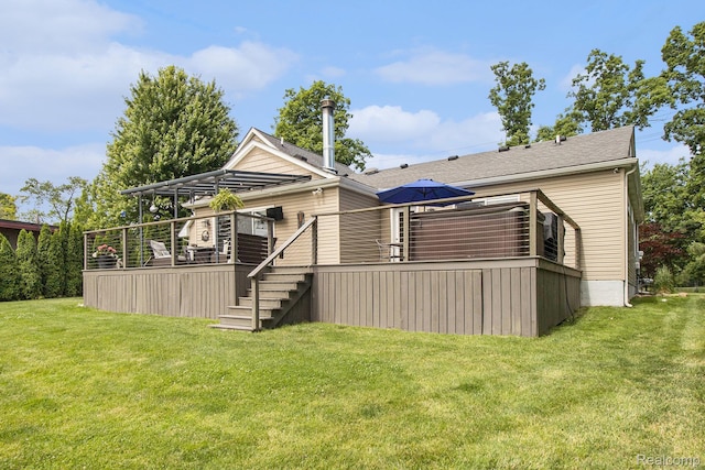 22085 Thorofare Rd, Grosse Ile, MI 48138 - back of property with stairway, a yard, and a deck