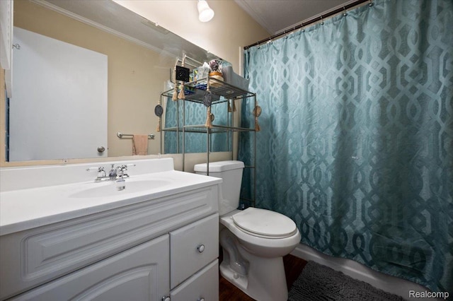 17013 Smugglers Cove St, Clinton Township, MI 48038 - bathroom with vanity, wood finished floors, ornamental molding, and a shower with shower curtain