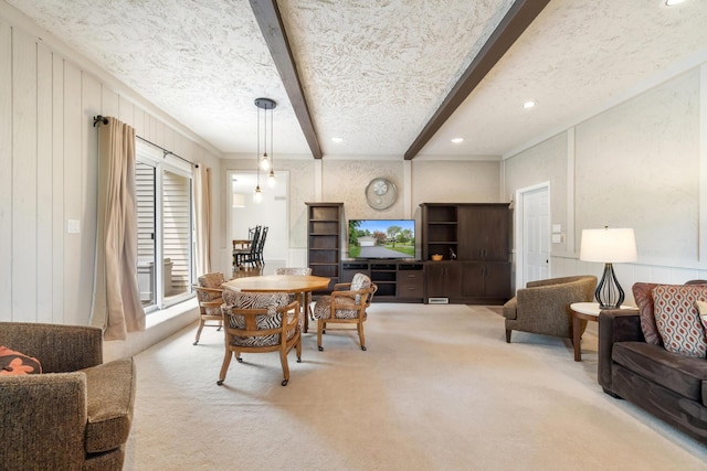 3125 Fawn Ln, Jackson, MI 49201 - dining room with carpet, beamed ceiling, recessed lighting, and a textured ceiling