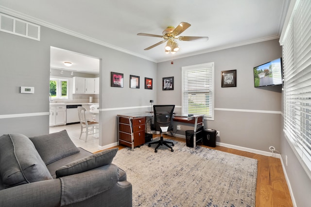 3125 Fawn Ln, Jackson, MI 49201 - office area with a ceiling fan, light wood-style flooring, and ornamental molding