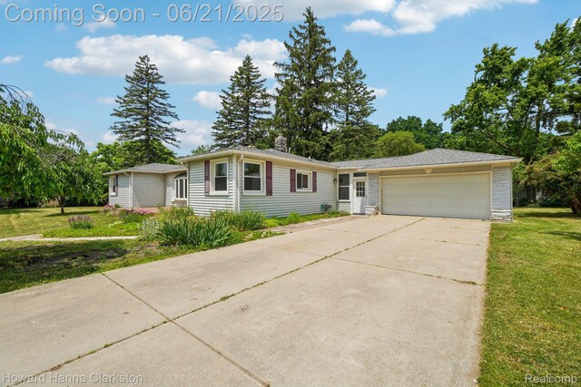 5766 Corunna Ave, Clarkston, MI 48346 - ranch-style home featuring an attached garage, concrete driveway, a front lawn, and a chimney