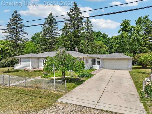 5766 Corunna Ave, Clarkston, MI 48346 - ranch-style house featuring a garage, driveway, and a chimney