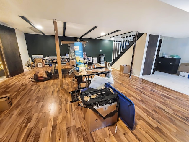 424 Leland St, Flushing, MI 48433 - dining space with wood finished floors, stairs, and recessed lighting