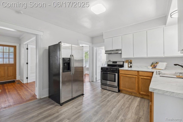 3920 Clark St, Canton, MI 48184 - kitchen featuring stainless steel appliances, under cabinet range hood, light wood-style floors, light countertops, and white cabinets