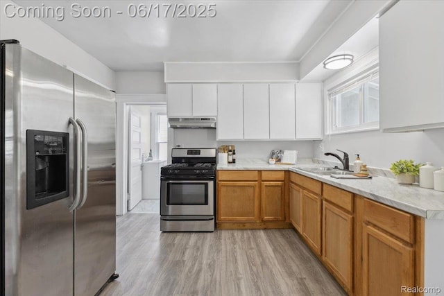 3920 Clark St, Canton, MI 48184 - kitchen with stainless steel appliances, under cabinet range hood, light countertops, light wood-style flooring, and white cabinetry