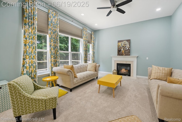 51159 Luke Ln, Novi, MI 48374 - living area with a ceiling fan, carpet flooring, a glass covered fireplace, and recessed lighting