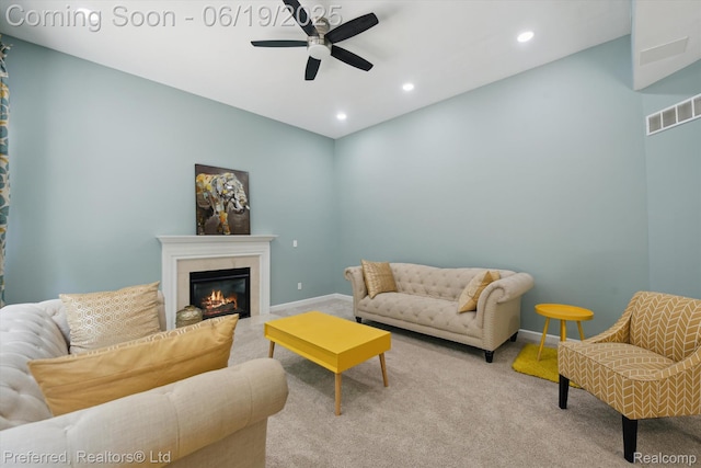 51159 Luke Ln, Novi, MI 48374 - living area featuring ceiling fan, carpet, a glass covered fireplace, and recessed lighting